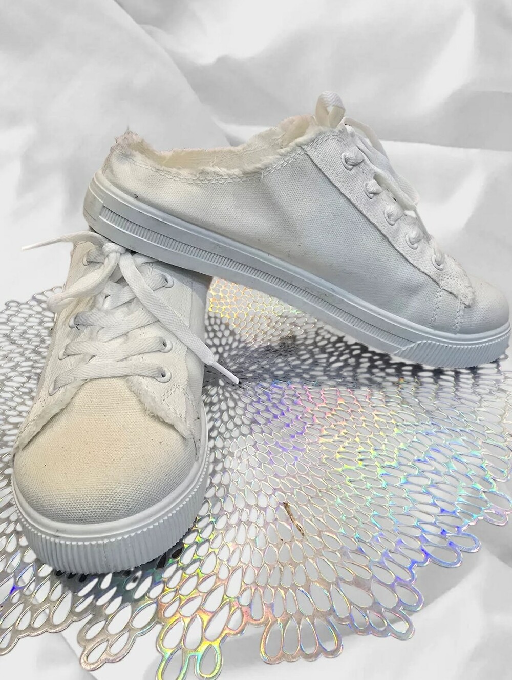 110 Denim White Frayed Canvas Backless Mule Sneakers
